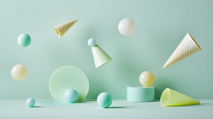 Pastel colored objects including balloons and cones floating against a mint background in a whimsical surreal composition
