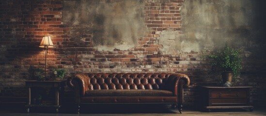 A black couch is positioned in front of a textured red brick wall, creating a simple yet striking urban setting. The contrast between the soft fabric and rough brick adds visual interest to the scene. - obrazy, fototapety, plakaty