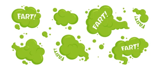 Foto op Canvas Fart cloud, smelly bubble, green spray, toxic gas, smoke steam, cartoon stink odour isolated on white background. Aroma vector illustration © Sylfida