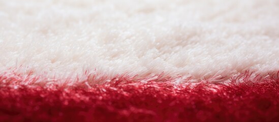 Close up view of a white fur carpet with a red texture background. The white fur stands out against the contrasting red and white colors.