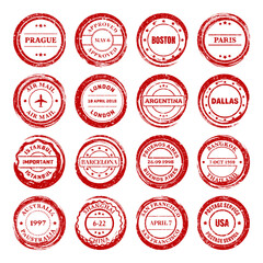 Post stamps, labels and badges. Grunge imprints and postmarks. Red vintage circle postcard watermarks. Used envelope design elements. Vector illustration