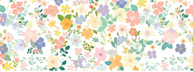 Fototapeta na wymiar Colorful spring floral pattern seamless background illustration with small flowers and leaves on a white background Generative AI