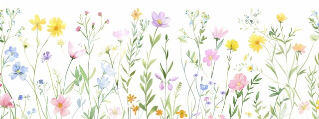 Cute tiny pastel spring flowers and foliage pattern on a white background Generative AI - obrazy, fototapety, plakaty