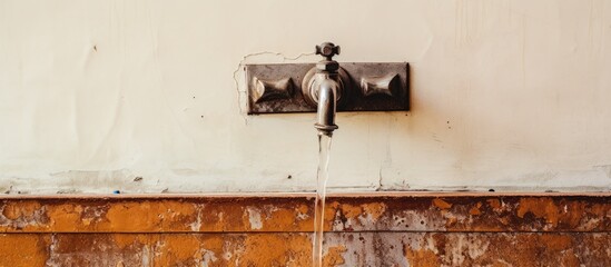 A dirty and old sink faucet is attached to a white wall. The faucet appears to be in need of cleaning or maintenance.