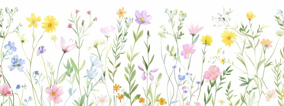 Cute tiny pastel spring flowers and foliage pattern on a white background Generative AI