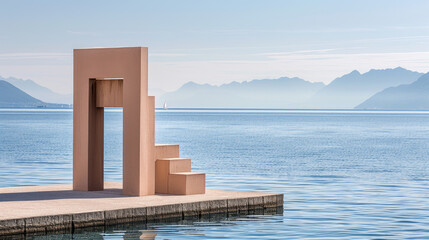 An abstract sculpture resembling a doorway and staircase on a jetty overlooking a serene lake with distant mountain views and clear skies