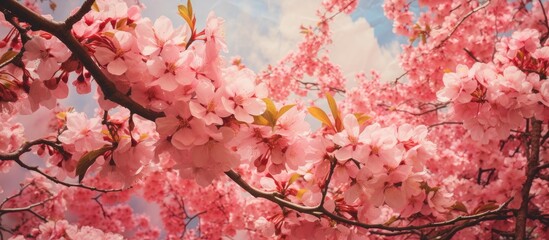 A closeup image showcasing a cherry blossom tree with delicate pink flowers standing out against a vibrant blue sky, creating a beautiful natural landscape art