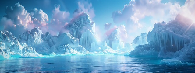 A stunning natural landscape featuring a large body of water surrounded by snowcovered mountains, icebergs, and a cloudy sky with electric blue hues