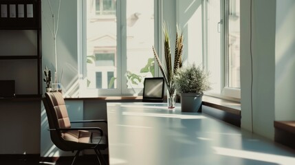 Home office desk with desktop computer in bright workspace modern style interior design decoration