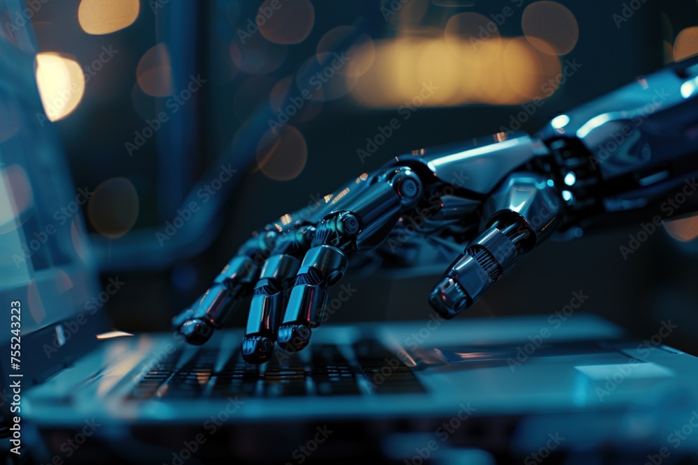 Poster robotic hand, accessing on blurred laptop blurry white background. concept of using ai robot. help i
