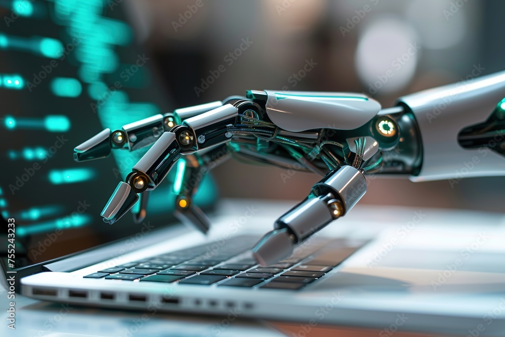 Poster robotic hand, accessing on blurred laptop blurry white background. concept of using ai robot. help i