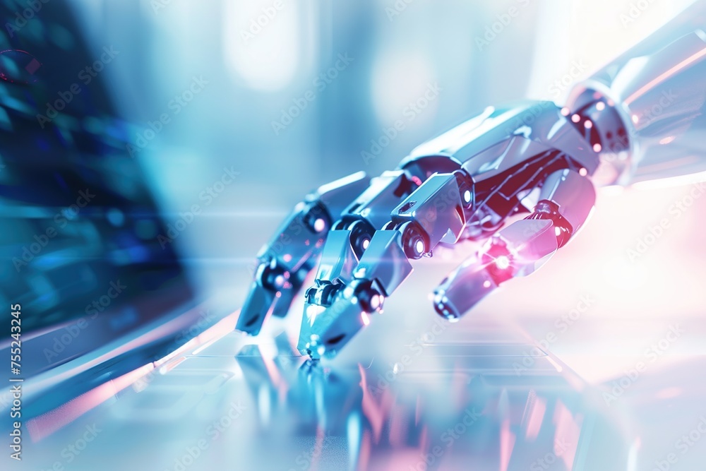 Poster robotic hand, accessing on blurred laptop blurry white background. concept of using ai robot. help i