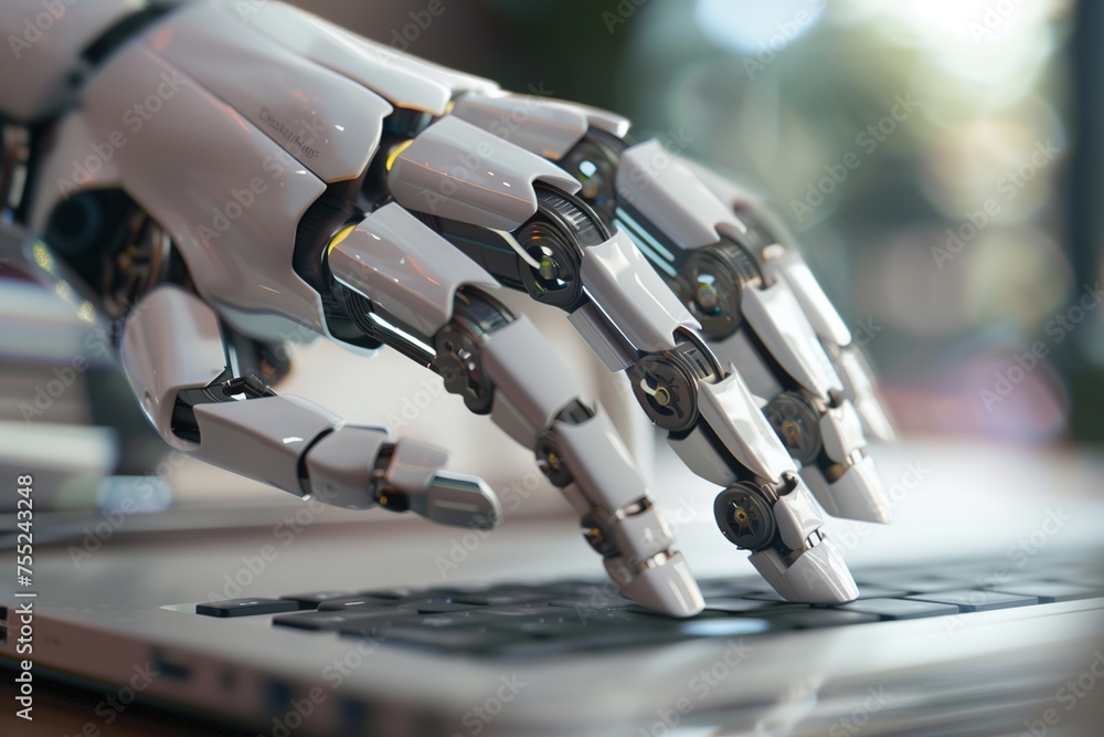 Poster robotic hand, accessing on blurred laptop blurry white background. concept of using ai robot. help i