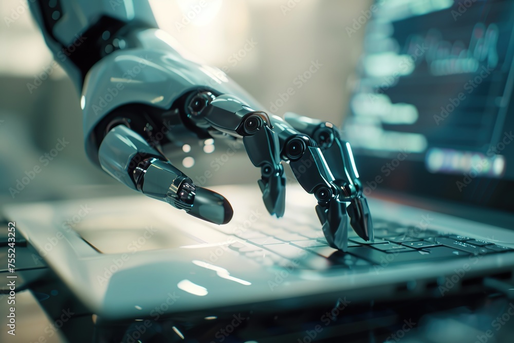 Poster robotic hand, accessing on blurred laptop blurry white background. concept of using ai robot. help i