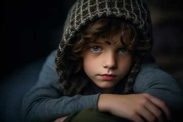 portrait of a boy in a winter hat on a dark background