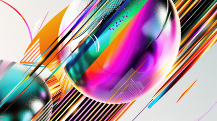 Vibrant abstract graphic with multicolored shapes flowing lines and 3D spheres on a white background creating a dynamic composition - obrazy, fototapety, plakaty