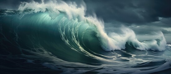 A powerful wind wave is crashing at night in the dark ocean, creating a mesmerizing landscape with liquid fluidity under the moonlit clouds