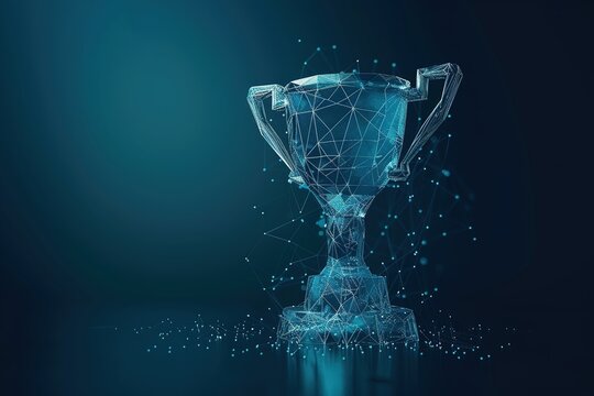 Trophy low poly wireframe on dark blue background concept business technology success
