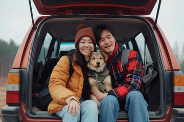 Happy Asian couple and their dog enjoying a road trip in the back seat of a car together