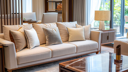 Elegant interior design featuring warm lighting and minimalist furniture.