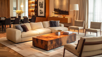 Elegant interior design featuring warm lighting and minimalist furniture.