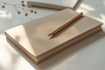 Recycled Paper Notepads with Wooden Pencil on White Surface - Powered by Adobe