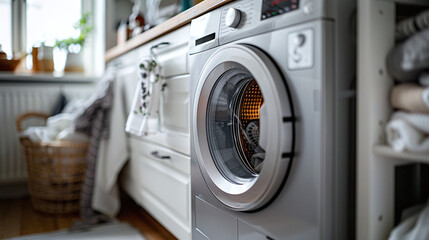 close-up of modern grey washing machine in the laundry room