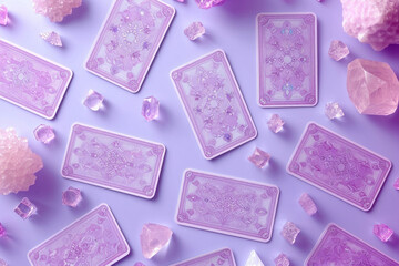 Mystical Purple Tarot Cards and Crystals on Purple Surface with Pink Background