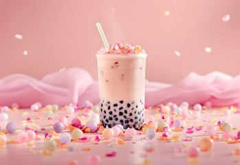 Food photography: Plastic clear glass with delicious milk tea with tapioca balls. 