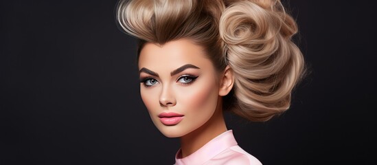 Fototapeta premium A painting depicting a woman with blonde hair styled in an elegant evening hairstyle. The womans hair is intricately collected and decorated, showcasing the work of a beauty salon. The painting