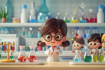Playful Cartoon Girls in Lab Coats Conducting Scientific Research