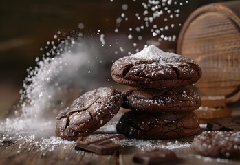 Butter chocolate cookies with powdered sugar, homemade cookies, Copy space image. Place for adding text