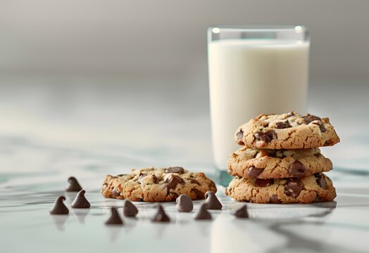 Sugar Butter Chocolate chips cookies with a glass of Milk, Copy space image. Place for adding text