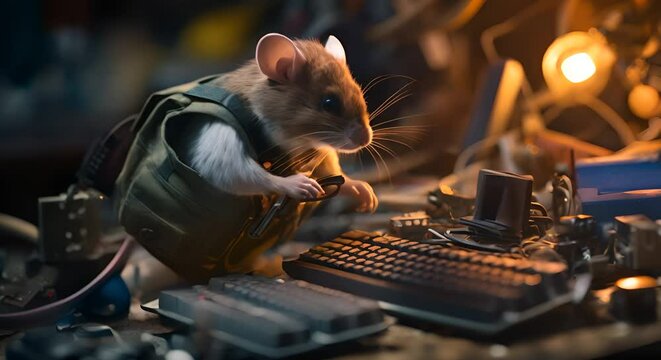 A mouse computer technician, fixing a computer with tiny tools