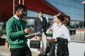 Diverse business professionals engaged in a casual outdoor meeting, brainstorming ideas for company growth and marketing strategies.