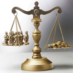A Scale Balancing People and Money, Tipping Towards Money: Imagine an old-fashioned scale with one side holding several small figures representing people, and the other side a single
