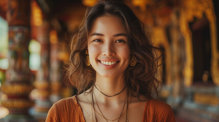 With a captivating smile, a beautiful young Thai woman leans against the old brick wall of an ancient temple, bathed in the warm glow of the city's sunset lights.