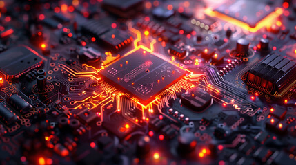 Obraz premium Featuring a central processing unit and electronic components, this glowing circuit board close-up is ideal for desktop wallpaper.