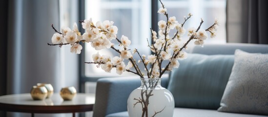 A white vase sits on a table, filled with blooming white flowers. The delicate blossoms create a serene and elegant ambiance in the room near a sofa.