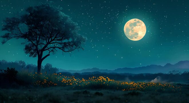 Moon over peaceful countryside, night stillness