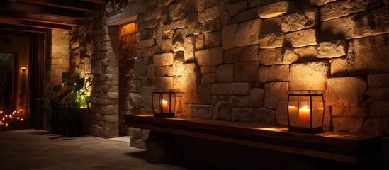 A stone wall is illuminated by the warm light of several lit candles placed in front of it. The flickering flames cast a soft glow, creating a cozy and intimate atmosphere.