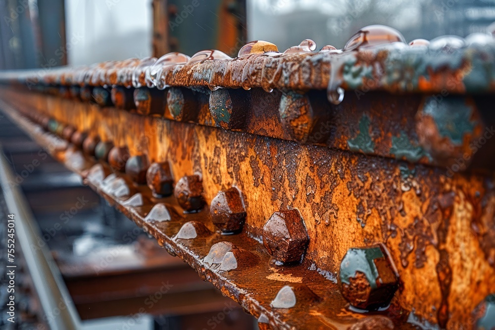Poster close-up of rusty metallic texture on bridge railing with water droplets on a foggy day