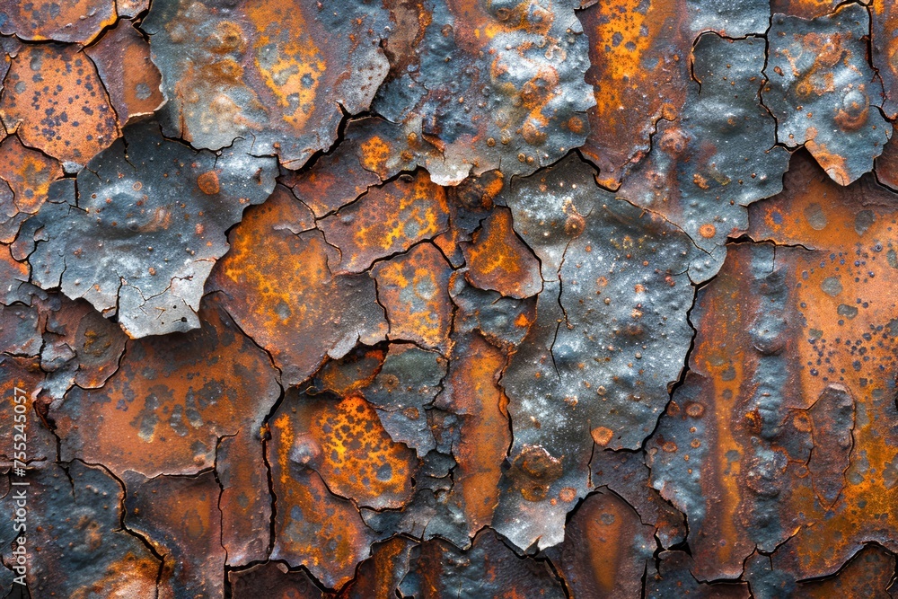 Poster rustic textured surface of corroded metal sheets with variegated brown and orange tones, full frame 
