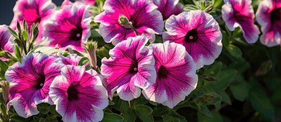 A variety of magenta and pink petunias, a type of flowering plant, are blooming in the garden, creating a colorful and vibrant display of terrestrial plants