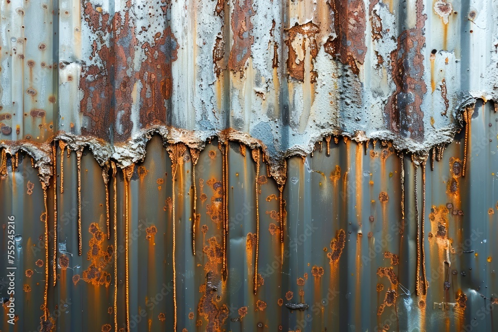 Poster close-up of rust-eaten corrugated iron texture with weathered paint and oxidation patterns