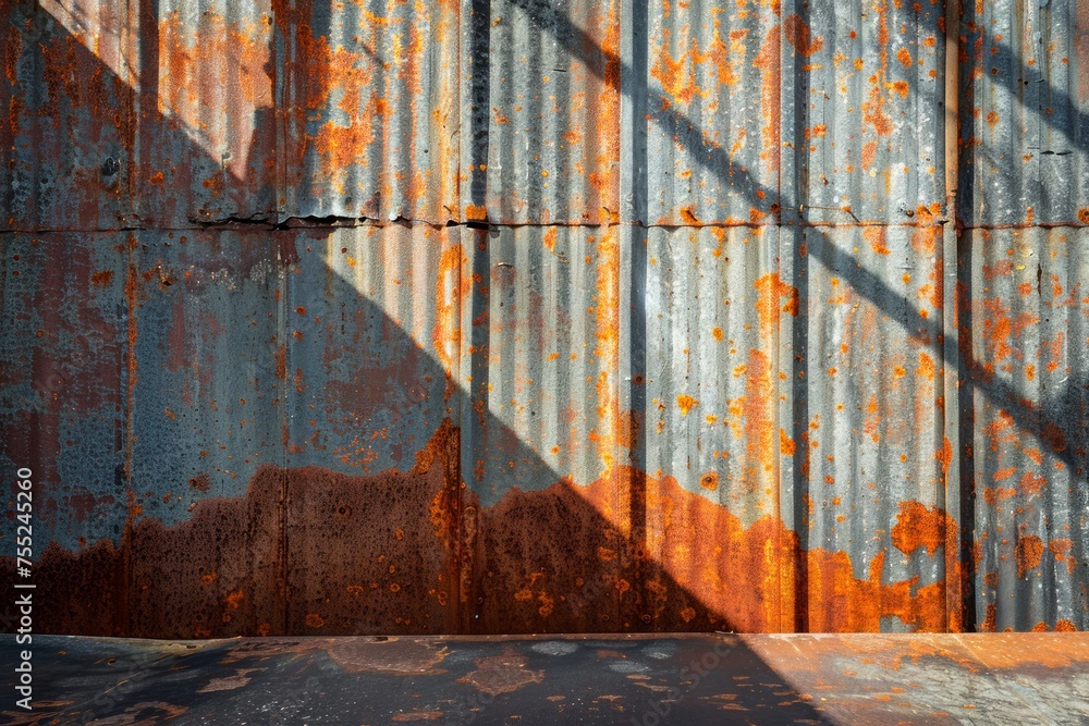 Poster vintage textured corrugated metal wall with rust and shadow patterns for background use