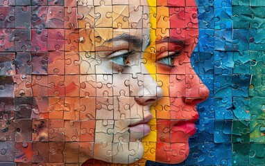 A woman's face combined with multicolored mosaic pieces, a conceptual image - obrazy, fototapety, plakaty
