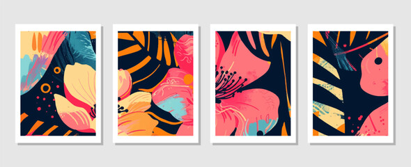 Obraz premium set of vector backgrounds featuring tropical leaves suitable for wall decoration, postcard designs, or brochure covers.