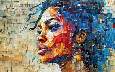 A woman's face combined with multicolored mosaic pieces, a conceptual image