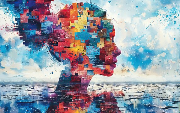 Silhouette of a female profile made of pieces of multicolored mosaic.